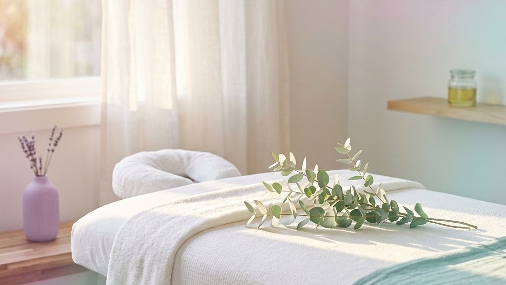 Ambiente luminoso y sereno de cabina de masaje para la corrección postural del cuello y cervicales